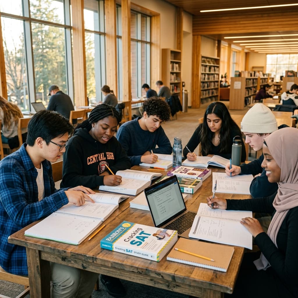 Students studying diligently for the SAT in a modern library
