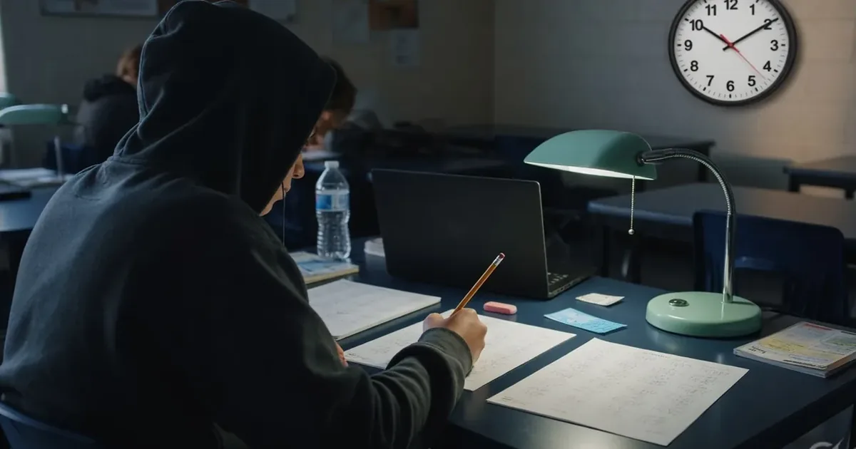 Student practicing SAT time management under a classroom clock on the Digital SAT
